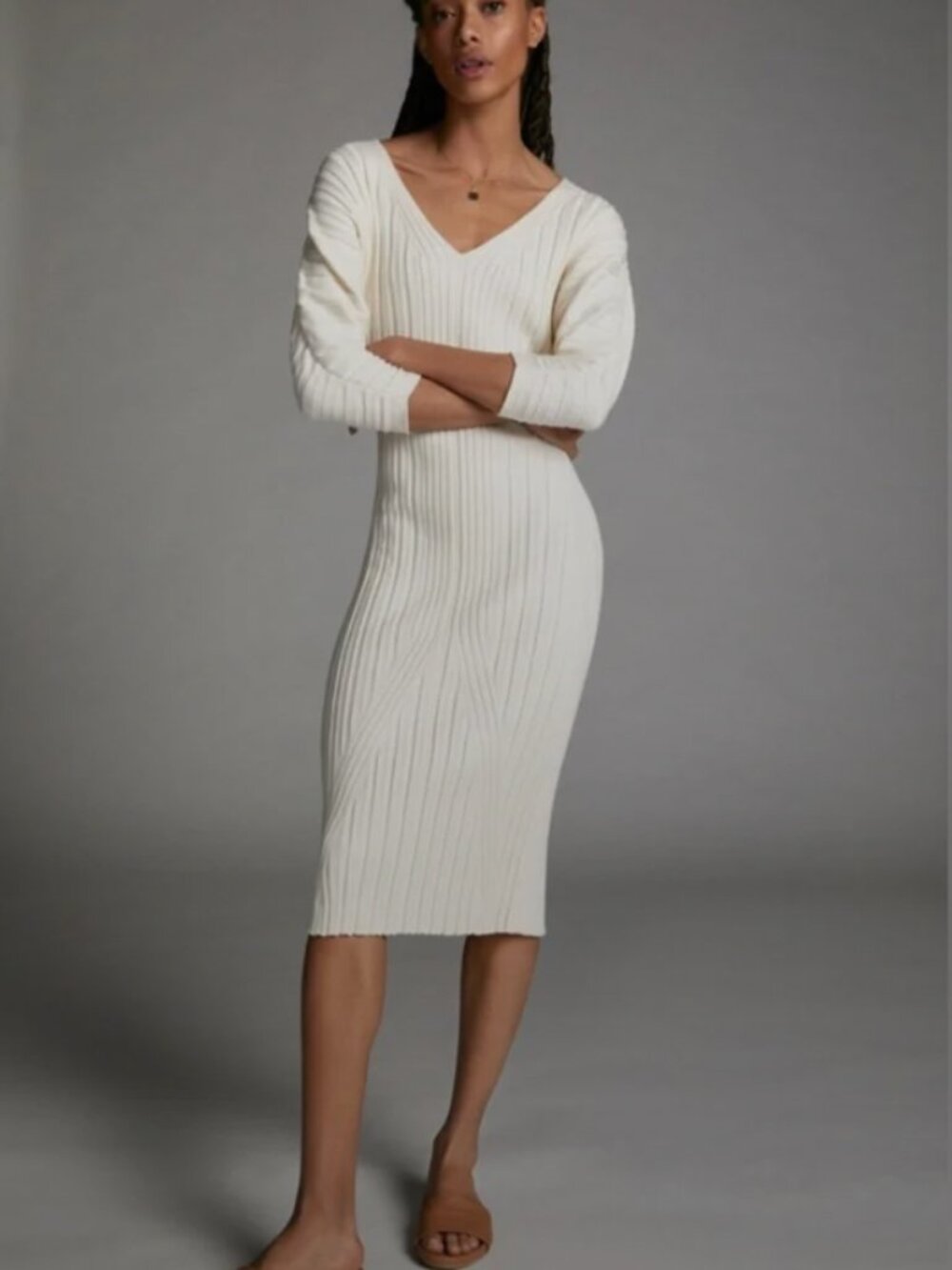 ANTHROPOLOGIE Maeve Maris Ribbed Midi Sweater Dress in Cream Sz M - NWT!!